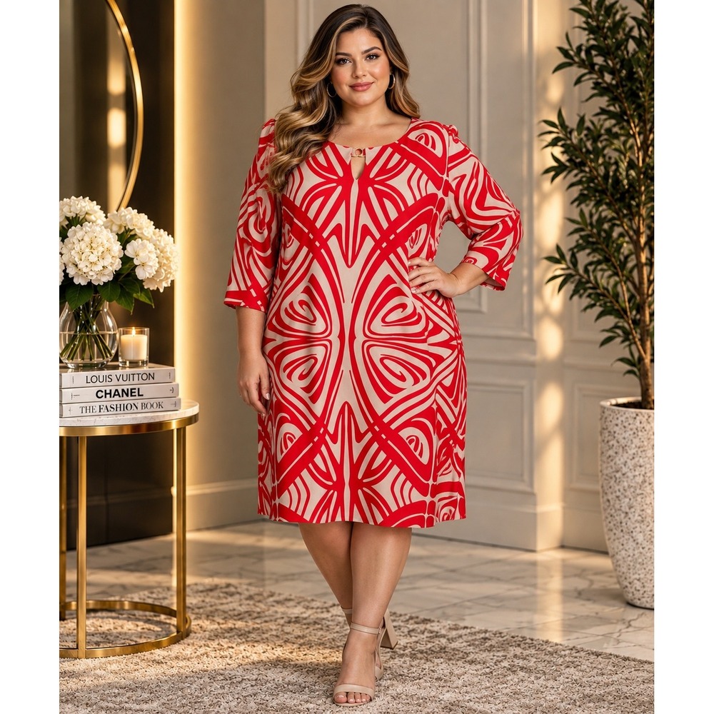 Tahari Arthur S Levine Shift Dress Womens 14W Red Gray Geometric Plus Size Work